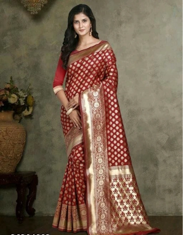  ABHISARIKA  Banarsi Silk Maroon Color Golden Border  Saree With  Banarsi Silk Bllouse Piece - Free Size, Maroon, Banarasi Silk, Pack of1
